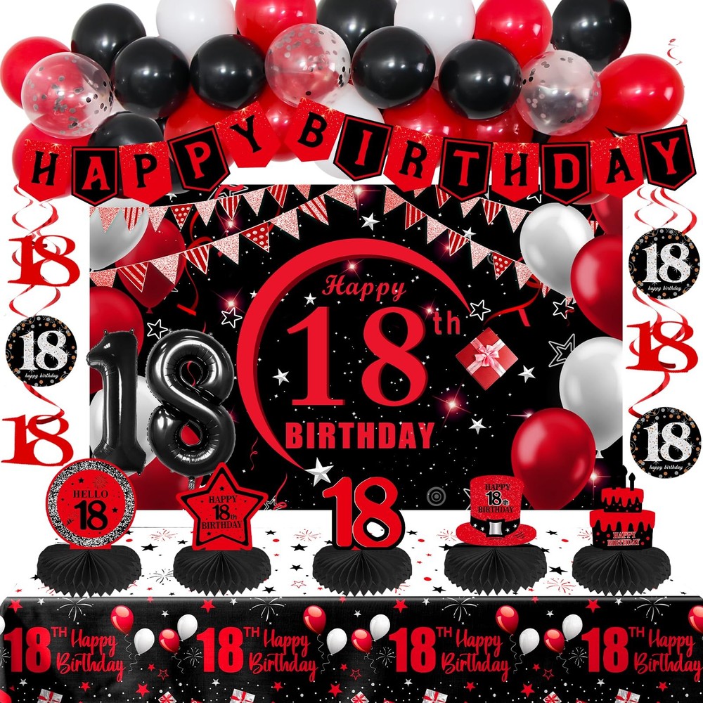 Happy 18th Birthday Decorations for Boys Girls, Red Black 18 Year Old Birthda…