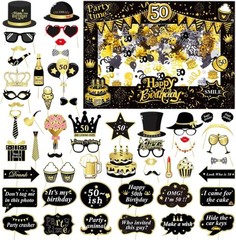 50th Birthday Photo Booth Props, Black and Gold, 55 Pcs with Frame Glitter fo…