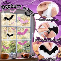 24/48 Pcs Pink 3D Bat Wall Stickers Halloween Window Party Decorations