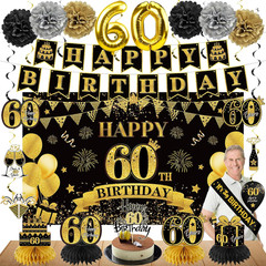 42PCS 60Th Birthday Decoration Kit for Men Women, Black Gold Happy 60Th Bday Ban