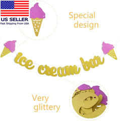 Gold Glittery Ice Cream Bar Sign Banner and Pink, Blue, Gold Heart Paper Garland