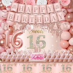 Sweet 16 Party Decorations Include 16 Banner Backdrop Rose Gold, Pink