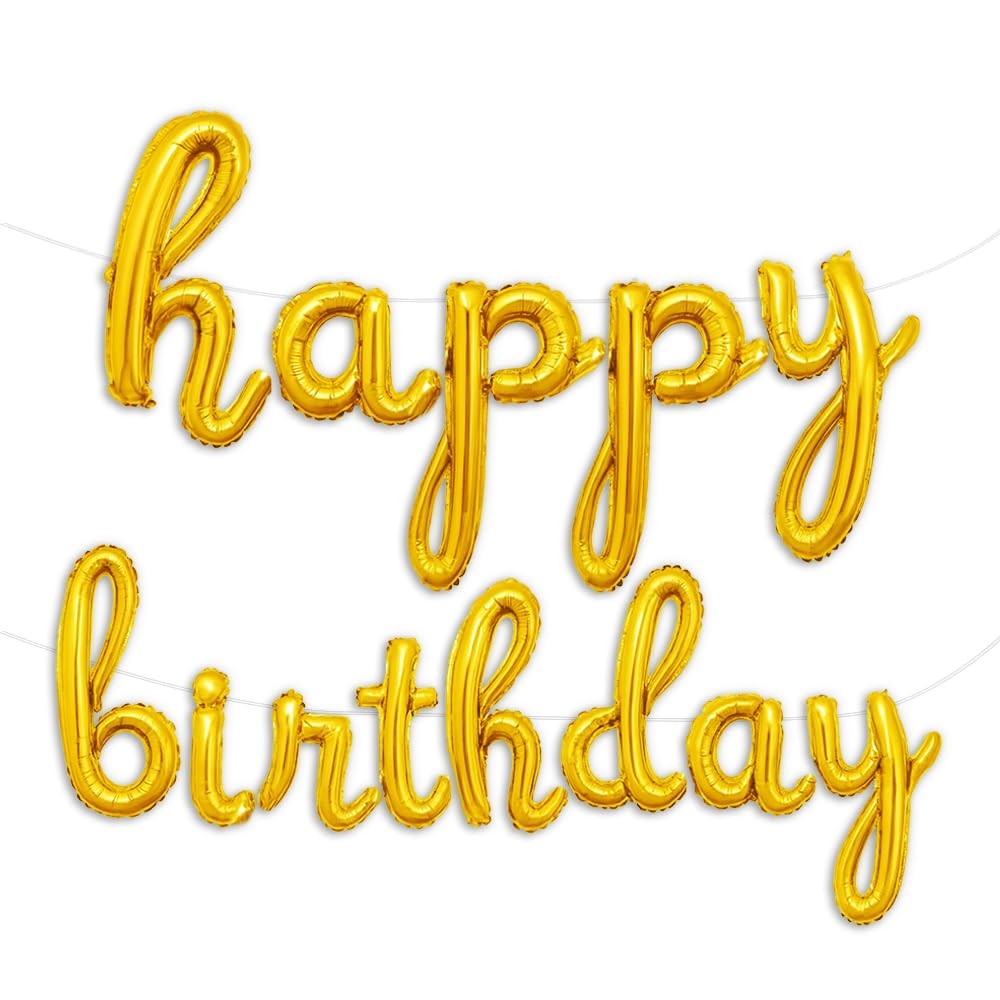 Gold Happy Birthday Balloons Banner | Script/Cursive Gold Letter Balloon Sign…