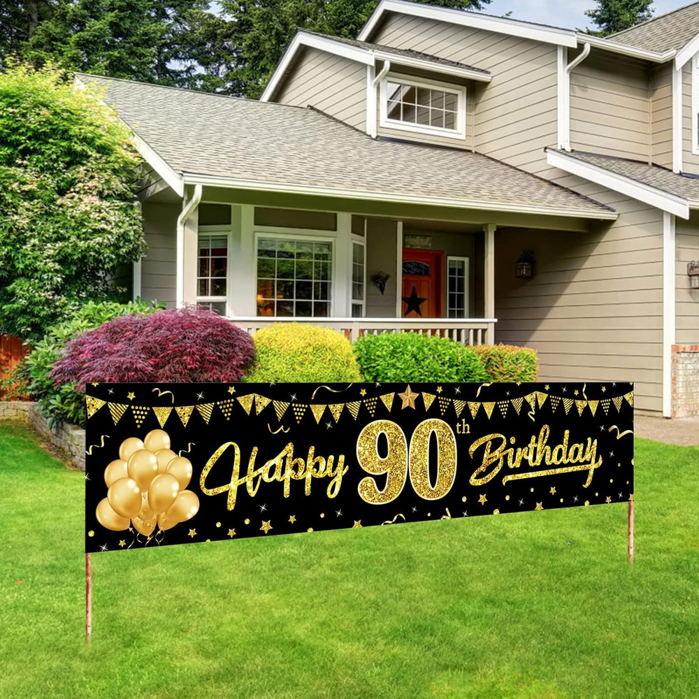 Happy 90Th Birthday Banner Decorations for Women Men, Black Gold 90 Birthday Yar
