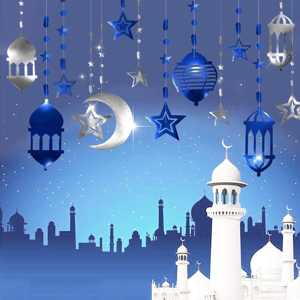 Cheerland Islamic Decorations Star Moon Lantern Garland Blue Silver