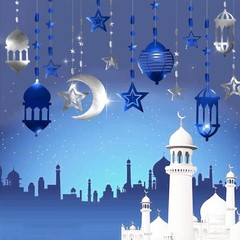 Cheerland Islamic Decorations Star Moon Lantern Garland Blue Silver