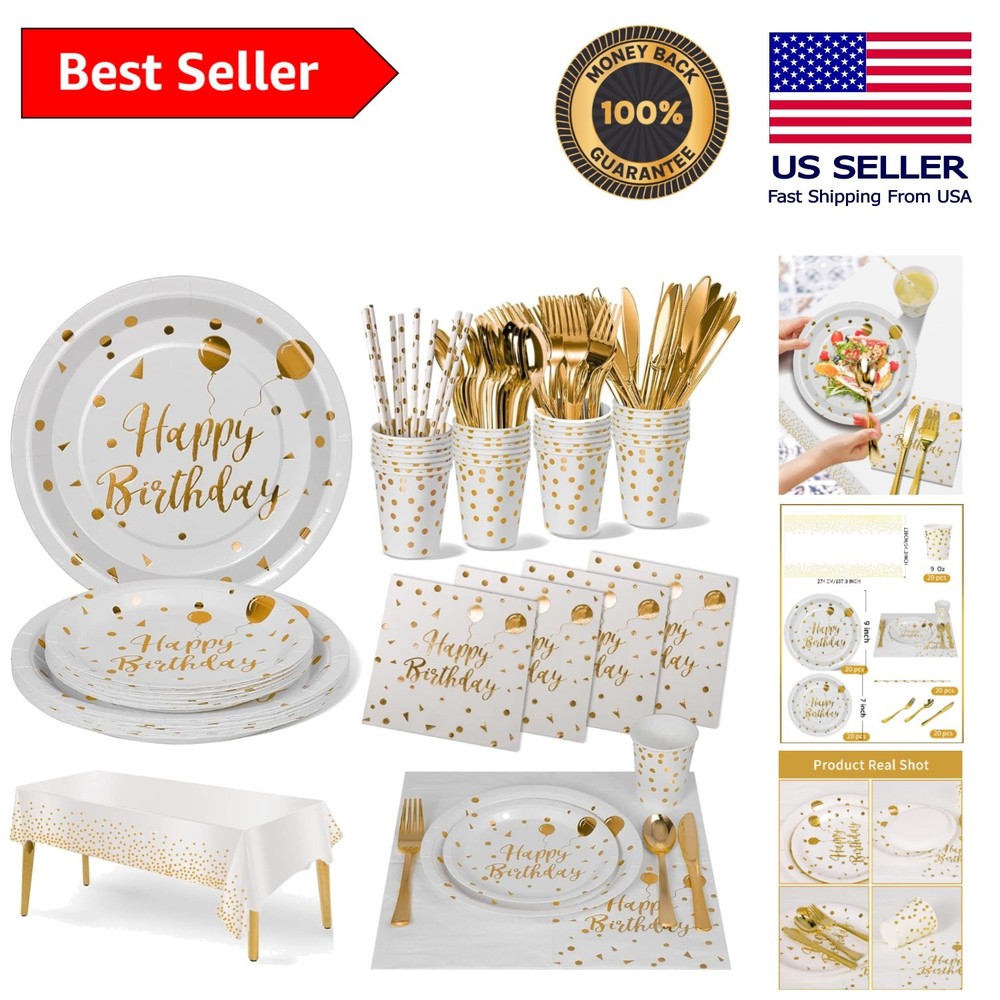 High-Quality 161 Piece Party Supplies in White Gold – Serve 20 Guests Elegantly