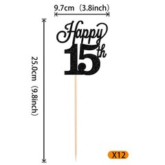 12 PCS Happy 15th Birthday Centerpiece Sticks Glitter Table Flower Decor Black