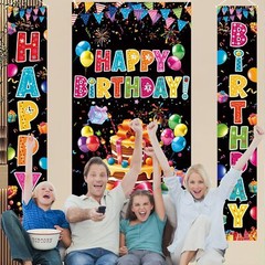 3 PCS COLORFUL HAPPY BIRTHDAY BANNER DOOR COVER PORCH SIGN PHOTOGRAPHY BLACK BAC