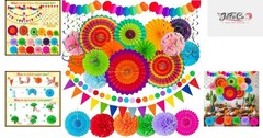 35PCS Hispanic Heritage Fiesta Decor: Paper Fans & Hanging Garlands