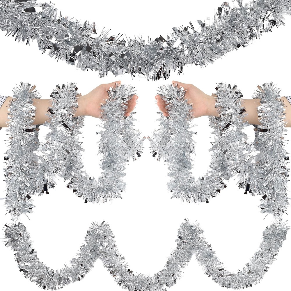 4 Pcs Silver Tinsel Garland Each 5.56 FT Glitter Hanging Metallic Foil Textur…