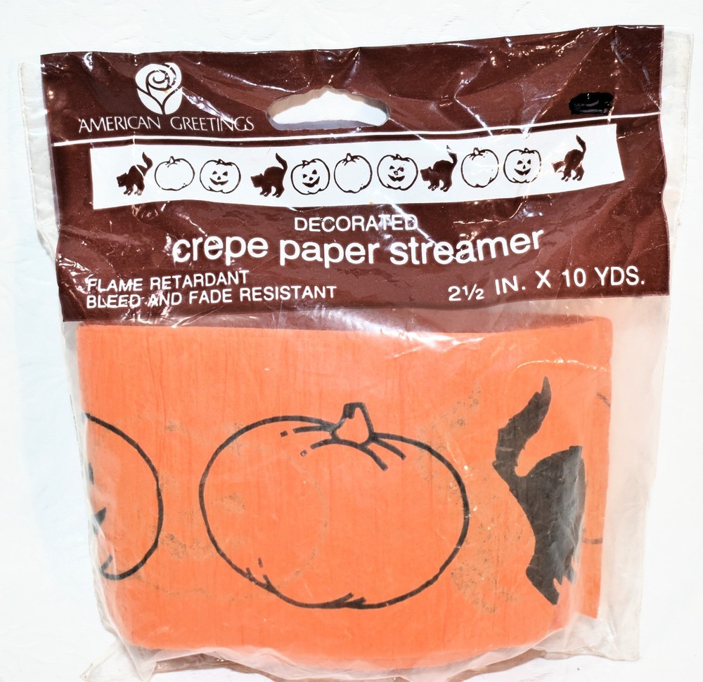 Vintage American Greetings Crepe Paper Streamer Halloween Pumpkin Cat 10 yds New