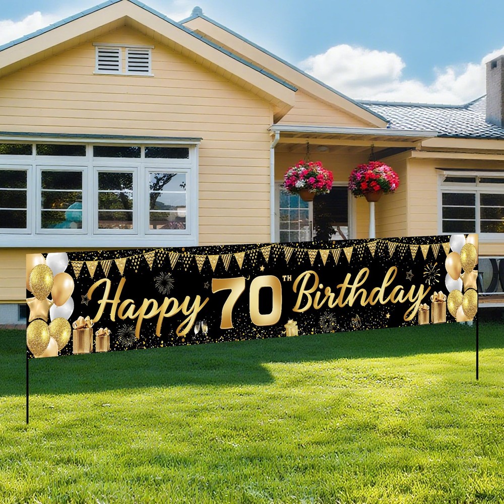 70th Birthday Decorations for Men Women – Happy 118×20 inches, Black Gold