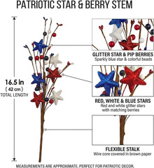 6 Pack Patriotic Berry Stem Picks Glitter Stars Red White Blue 4th July Vase DIY