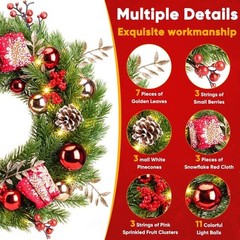 Pre-lit Christmas Wreath Luxury 40LEDs 16 Inch 40cm Battery Timer 8 Light Modes