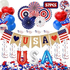 57Pcs 4th of July Patriotic Decorations American Flag Backdrop Hanging Streamers