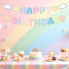 Pastel Happy Birthday Banner, Pre-Strung Rainbow Macaron multi-color