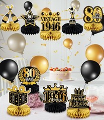 80th Birthday 9 Pack Honeycomb Centerpieces Black Gold Table Decorations 1946