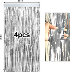 4 Packs Silver Foil Fringe Curtain, Silver Metallic Tinsel Backdrop