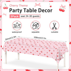 3Pcs Cherry Birthday Decorations Tablecloths, Large Size Cherry and Bows Birthda