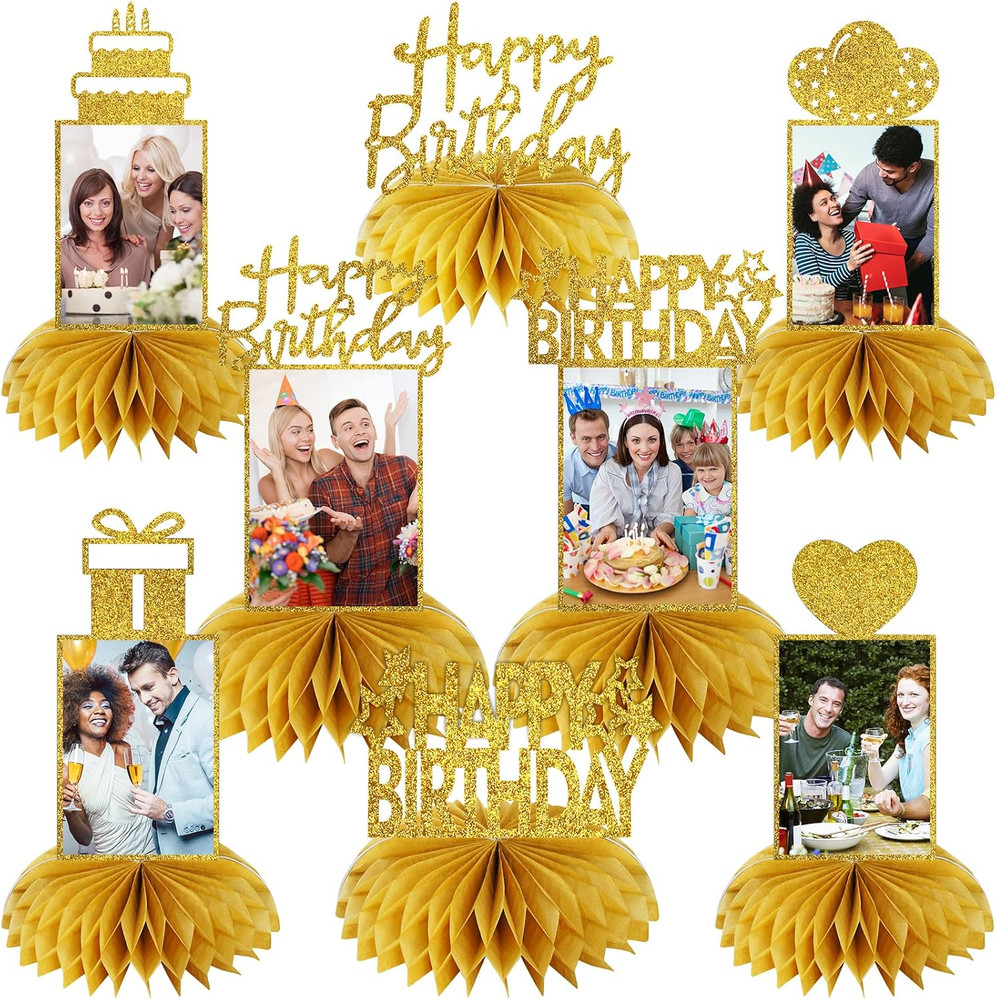 8Pcs Honeycomb Birthday Decorations – Gold Glitter Centerpieces for Women & Men,