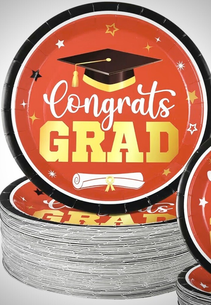 100pc Orange Congrats GRAD Congratulations Graduation 9” Paper Plates Dinner