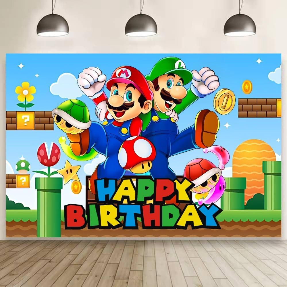 Mario Wall Decor Backdrop for Kids Birthday Decorations, Mario Banner for Birthd