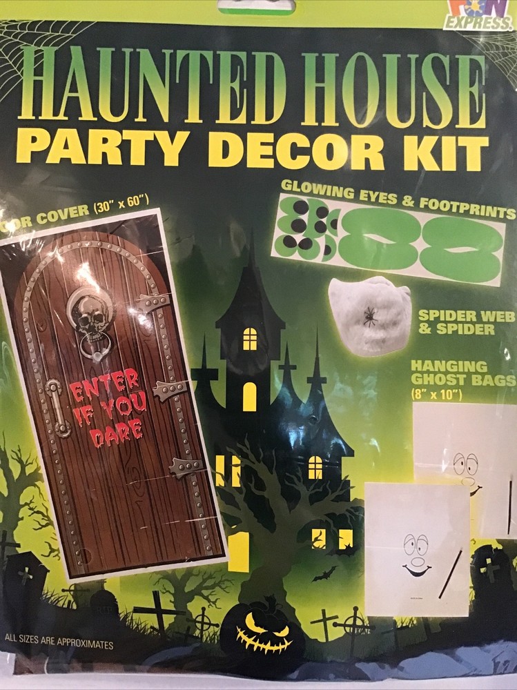 Haunted House Party Decor Kit Door Cover, Spider Web, Hanging Ghosts, Glow Eyes