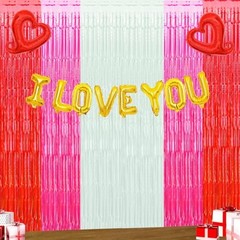 Valentine’s Day Foil Curtain, Valentine’s Day Party Decorations Red Pink White