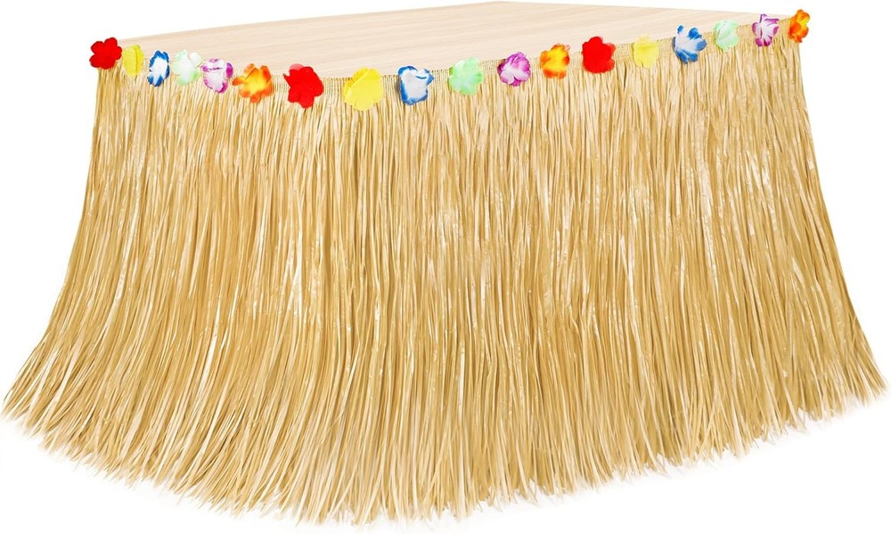 Luau Party Decorations, Natural Hawaiian Grass Table Skirt, 1 Pack, Gold