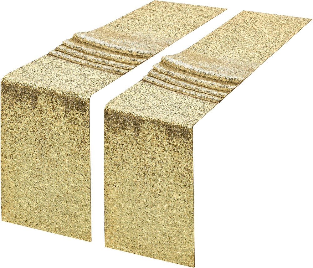 2 Packs 12 x 108 inches Gold Sequin Table Runner, Glitter Gold Table Runner for