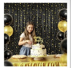 Katchon Star Print Foil Fringe Party Backdrop Pack of 2 Black Gold 3.2×6.5ft