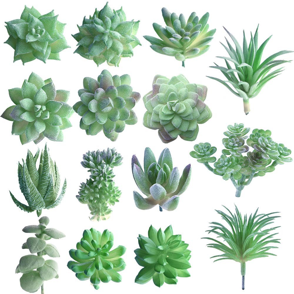 FEPITO 15 Pcs Artificial Succulent Plants Green Unpotted Faux 15Pcs,