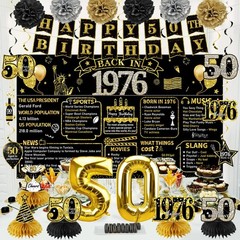 50th Birthday Party Decorations – 21pcs 1976 Banner, Black Gold Balloons, Backdr