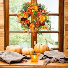 Pumpkin Wreath for Entryway Decor with Hanging Loop 45cm Rattan Base
