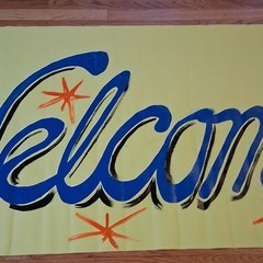 Vintage Handpainted «Welcome Back» Vynle Canvas Banner 115 x 36 Inches