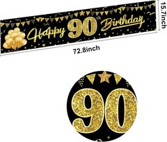 90Th Birthday Banner, Black Gold Yard Sign for Party Decorations, 90 Year Old Th