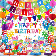 Birthday Decorations Kit, Happy Birthday Party Banner, Honeycomb Balls, Metallic