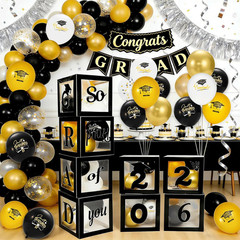 Graduation Decorations Class of 2026 – Black Graduation Balloons Boxes with Lett