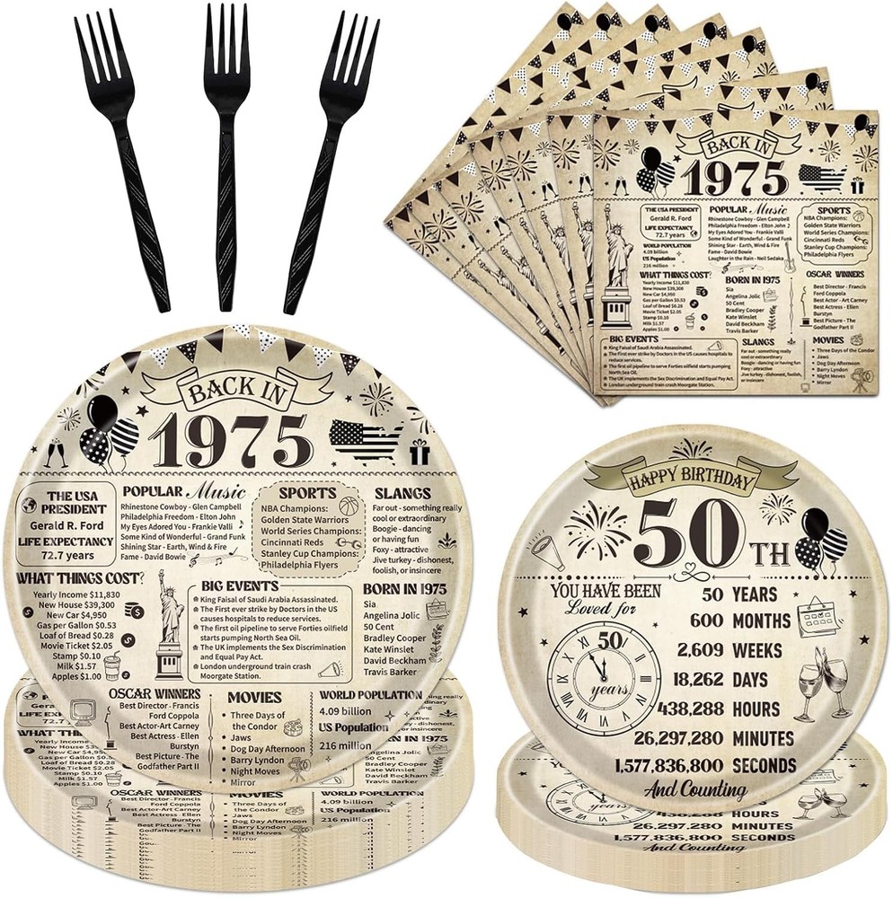 50Th Birthday Decorations for Men Women, Vintage 96PCS Back in 1975 Party Plates