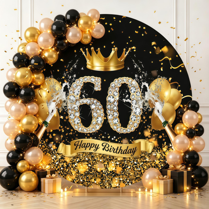 60th Birthday Crown Champagne Round Backdrop Cover Banner Photo Background