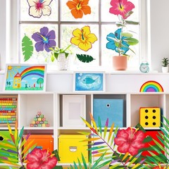 200 Pcs Summer Hawaiian Hibiscus Palm Leaves Paper Cutouts Glue Point Luau