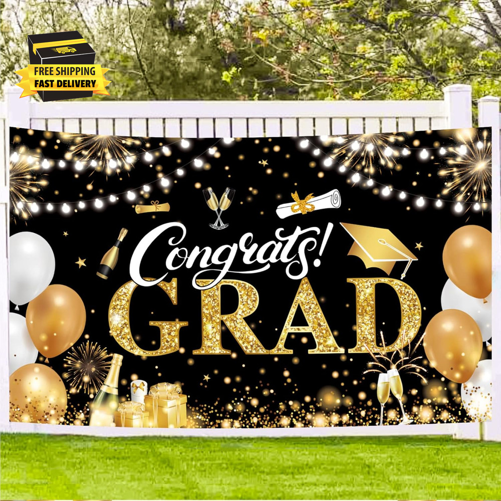 Graduation Banner 2026 Black and Gold – 72.8X43.3 Inch, Congrats Grad Banner for