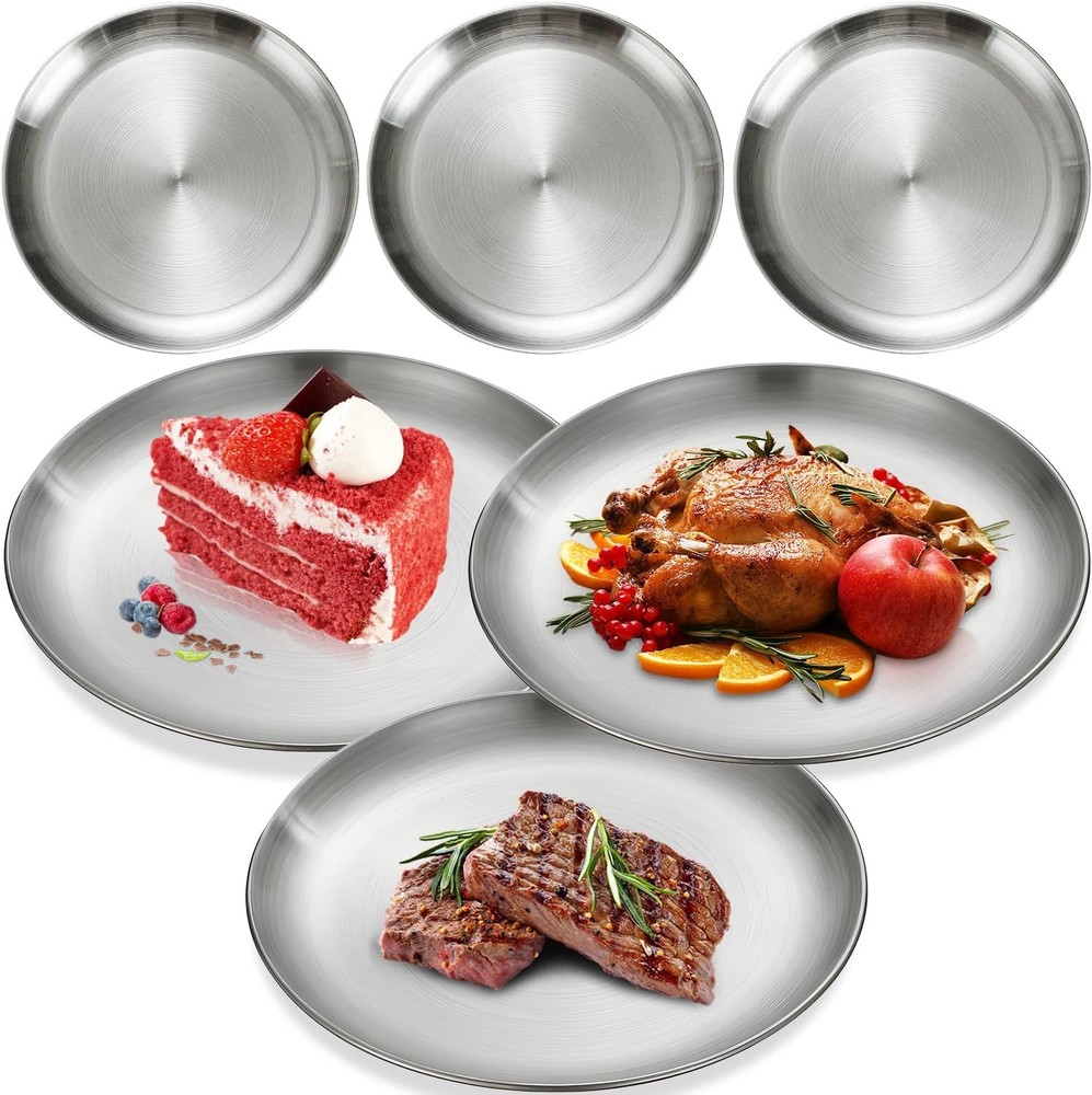 6-Piece Stainless Steel Plates, 7.8in Metal 304 Dinner 7.8 inches, Silver