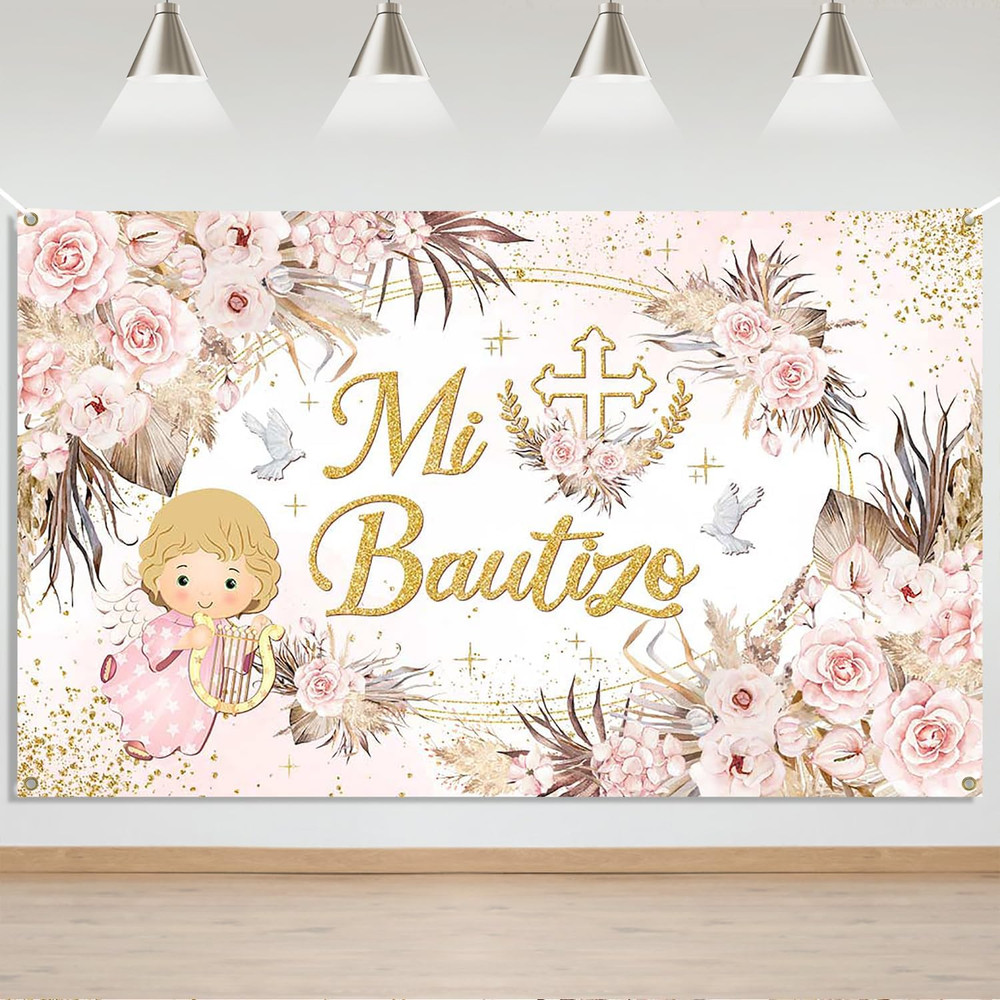Mocsicka Mi Bautizo Banner Backdrop for Girls First Holy Communion Christening D