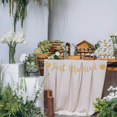 Pre-Strung Just Married Banner, No DIY Just Married Sign Decorations with Gold G