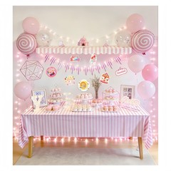 Carnival Circus Party Decor Kit – 2 Striped Awnings, Tablecloth, Banner & Balloo