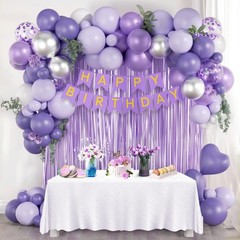 Metallic Silver White Lavender Purple Balloons, Happy Birthday Banner, Cake T…