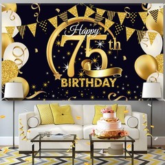 75th Birthday Party Backdrop Black Gold Fabric Photo Booth Banner 72×43