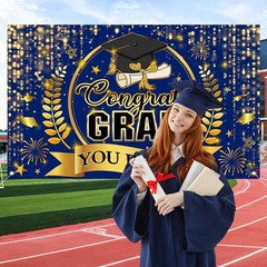 Congrats Grad Banner Class of 2026 Graduation Backdrop Blue and Gold Graduati…